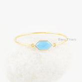 Elegant Bracelet, Blue Chalcedony 9x18mm Hexagon Gemstone Silver Bangle, Chalcedony Gold Plated Bezel Set Bracelet, Gift For Girlfriend